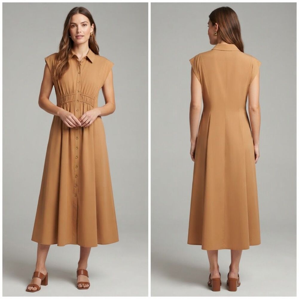 Calvin Klein Camel Brown Short Sleeve Button-Down Midi Shirt Dress Size 8 NWT